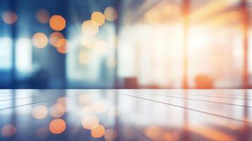 AI generated Blank tabletop made of wooden planks with Blurred empty open space office with abstract light bokeh on background, mockup. photo