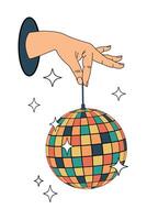 A disco ball in your hand. Groovy. Clockwork elements in a retro hippie 70's style. vector