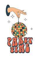 Party time. Disco ball in hand. Groovy. Clockwork elements in a retro hippie 70's style. vector