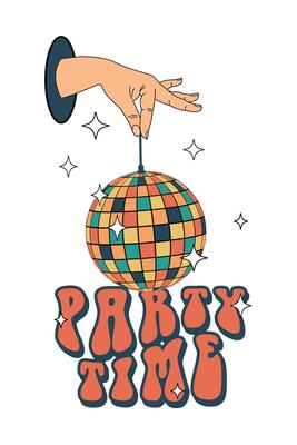 Party time. Disco ball in hand. Groovy. Clockwork elements in a retro hippie 70's style.