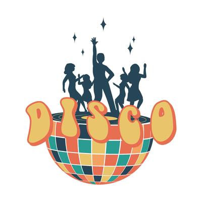 Disco. Disco ball. Groovy. Clockwork elements in the retro hippie style of the 70s.