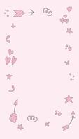 Hand drawn pink cute background with doodle elements. Vector vertical design.