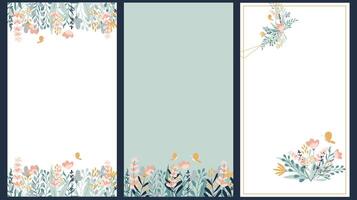 conjunto de Tres delicado antecedentes con mano dibujado flores vector vertical diseño.