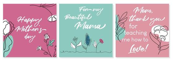 Colourful greeting cards collection for Mother day. Vector line art design with spring flowers.