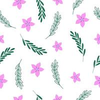 Simple handdrawn pattern with flowers and leaves. Seamless vector design on white background.