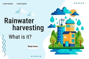 Rainwater harvesting banner. Efficient ways of water use. Vector landing page design of water conservation.