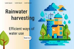 Rainwater harvesting banner. Efficient ways of water use. Vector landing page design of water conservation.