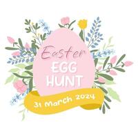 Easter egg hunt handdrawn banner with pink egg and colourful spring flowers. vector