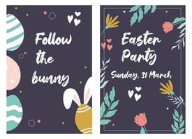 Handdrawn posters Easter party, Follow the bunny. Colourful vertical design with spring flowers, heart and eggs. vector