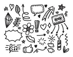 Hand-drawn elements, such as abstract arrows, ribbons, hearts, stars, crowns, and other design elements in a hand-drawn style for conceptual designs. Scribble vector illustration.