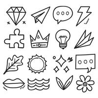 Hand-drawn elements, such as abstract arrows, diamond, sun, puzzle,bulb ,bubble chat, crowns, and other design elements in a hand-drawn style for conceptual designs. Scribble vector illustration.