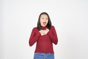 Young Asian woman in Red t-shirt doing Wow or Shock face isolated on white background photo