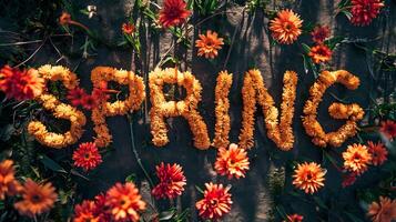 AI generated Happy Spring nature flower background with text effect photo