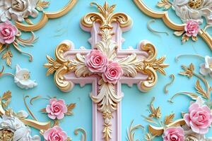 AI generated Happy Easter concept with Jesus Christ cross and spring flower Easter background photo