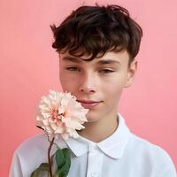 AI generated Welcome Spring background Happy boy with pink flower and celebrate spring photo