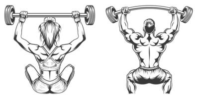 women and man gym with dumble up to hand vector set bundle design.