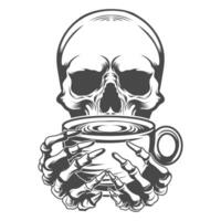 un cráneo participación café taza con mano vector diseño