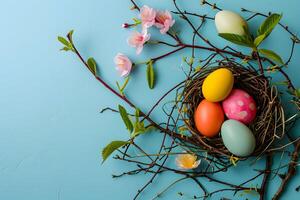 AI generated Painted colorful Easter eggs background Easter holiday celebration background photo