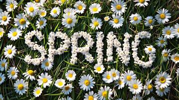 AI generated Happy Spring nature flower background with text effect photo