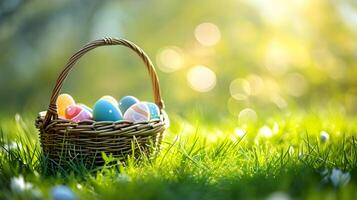 AI generated Easter Eggs Basket in a Flower field Happy Easter background photo