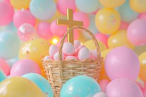 ai generado hermosa Pascua de Resurrección bokeh antecedentes con un cristiano cruzar contento Pascua de Resurrección antecedentes foto