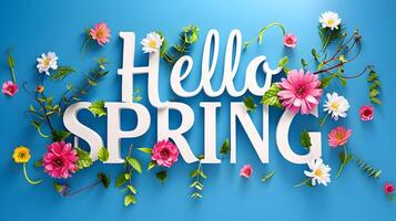 AI generated Happy Spring background with colorful greeting and text effect photo