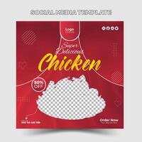 Chicken fry social media post design, red color square vector template