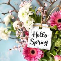 AI generated Spring flower background with text for design welcome spring post photo