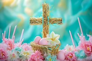 ai generado cruzar símbolo de el muerte y Resurrección contento Pascua de Resurrección antecedentes foto