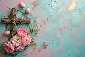 AI generated Happy Easter concept with Jesus Christ cross and spring flower Easter background photo