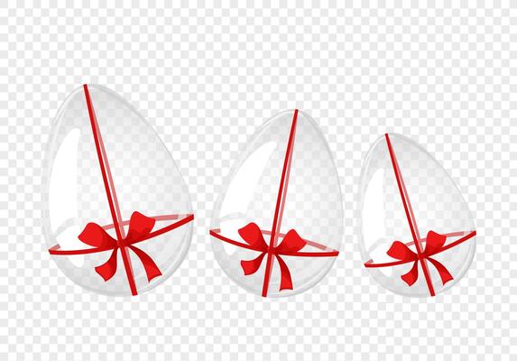 Glass eggs with red bow. Easter egg card. For postcard, card, invitation, poster, banner template lettering typography