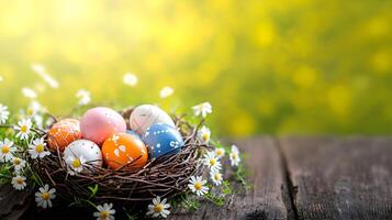 AI generated Easter Eggs Basket in a Flower field Happy Easter background photo