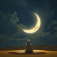 AI generated Man setting in front of a Ramadan moon and the moon is shining Ramadan Kareem greetings photo
