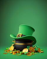 AI generated St. Patrick s Day empty space poster . Cauldron with gold coins and green leprechaun hat photo