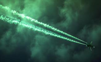 AI generated 23 march Pakistan day celebration airshow with JF17 Thunder and green smoke photo