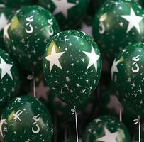 AI generated Bunch of printed Pakistan flag balloon The Flag Of Pakistan for design 23 march greeting card photo