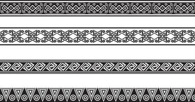 Vector monochrome set of seamless indian national native american borders. Endless ethnic ornaments of the peoples of America, Aztec, Maya, Inca, Peru, Brazil, Mexico, Honduras, Guatemala.