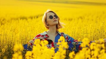 ai generado contento primavera saludo antecedentes hermosa mujer en un floración campo foto