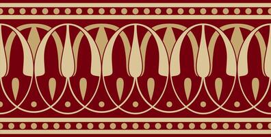 Vector gold and red seamless classical Greek meander ornament. Pattern of ancient Greece. Border, frame of the Roman Empire