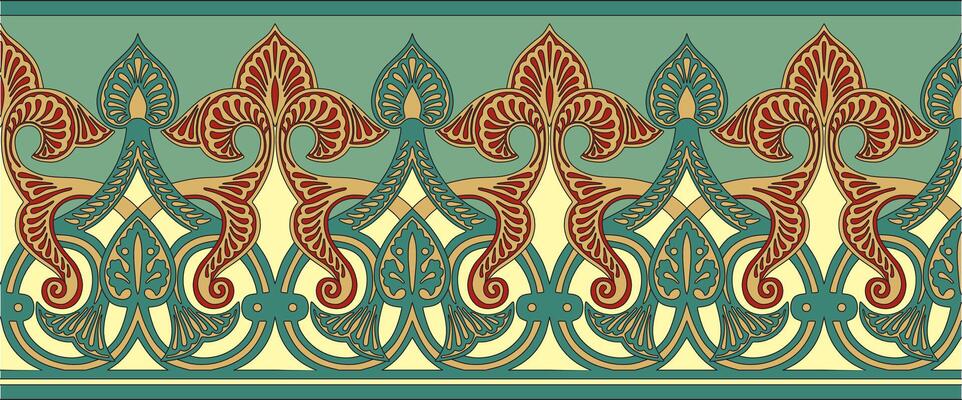 Vector seamless colored gold arabic national ornament, border, frame. Endless vegetablePattern of eastern peoples of Asia, Africa, Persia, Iran, Iraq.