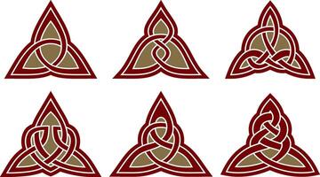 Vector set of triangular red and gold Celtic knots. Ornament of ancient European peoples. Sign and symbol of the Irish, Scots, British, Franks