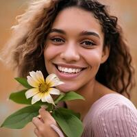 AI generated Girl posing with spring flowers for design happy spring greeting card photo