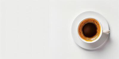 AI generated Roasted dark brown coffee in a white cup, top down perspective, isolated on white background with copy space photo