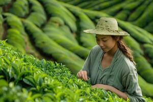 AI generated young woman picking tea leaves at plantation photo