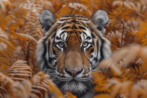 AI generated tiger looks out from the thickets photo