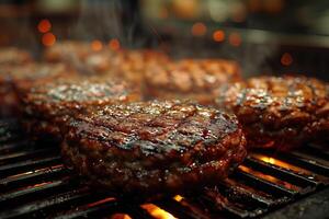 AI generated Beef steaks on the grill, close-up, shallow depth of field photo