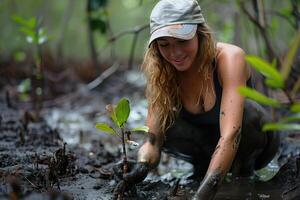 AI generated smiling woman planting mangrove trees in mangrove coast photo