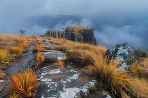 AI generated mountain landscape with foggy and misty morning at sunrise photo