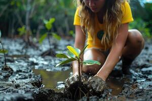 AI generated volunteer planting mangrove trees in mangrove forest photo