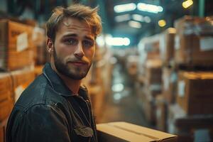 AI generated young man worker with box in hands in warehouse photo